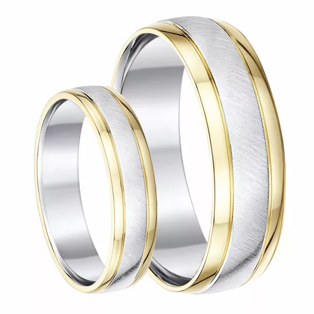 9ct Yellow Gold & Sterling Silver Rings His & Hers 5&6mm Wedding Set UK Hallmark