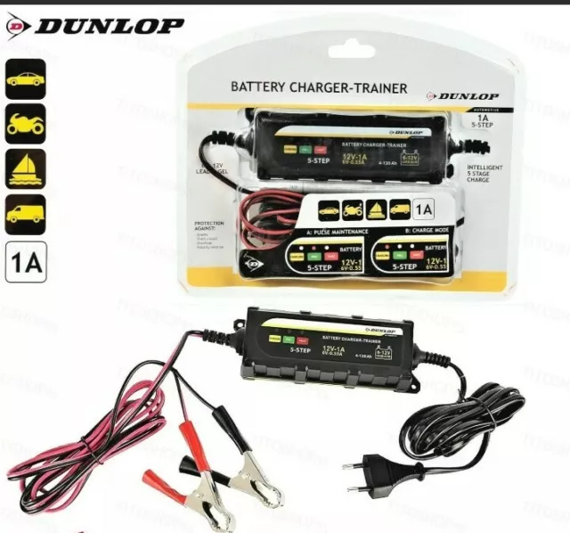 Chargeur de batterie Dunlop intelligent - Voiture moto bateau 6V 12V - 5 niveaux