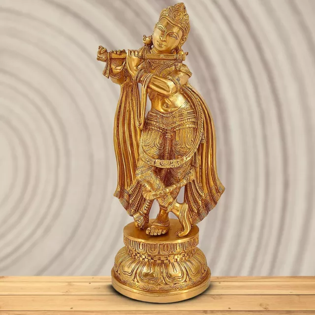 Laiton Lord Krishna Debout Jouer Flûte Statue Sculpture Idol Figurine 45.7cm