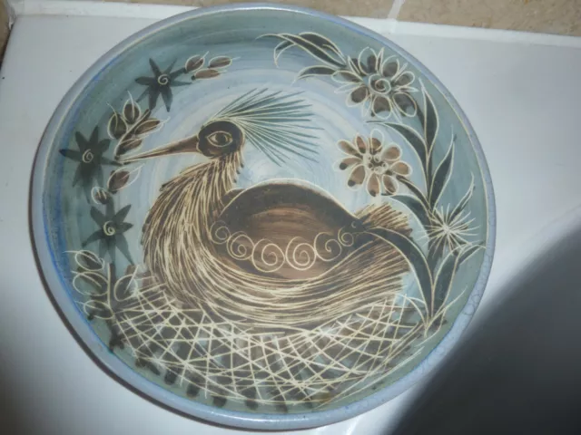 Studio Art Pottery 19.7 Cm Blue/Grey Plate With Sgraffito Bird On Nest & Flowers