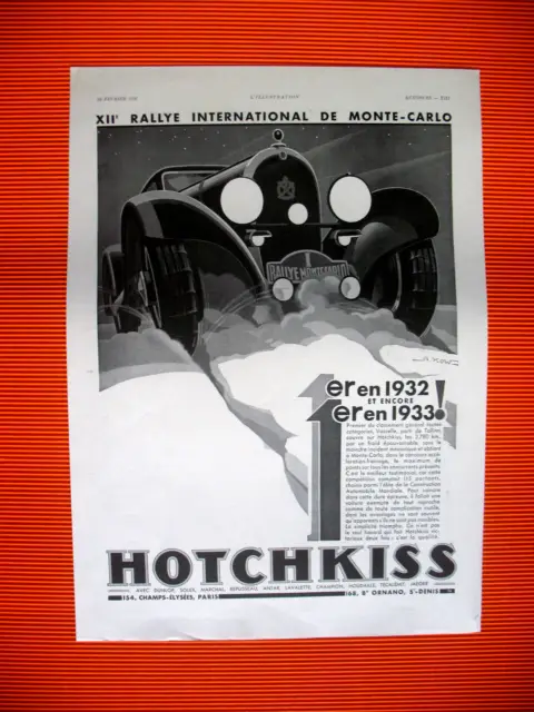 PUBLICITE DE PRESSE HOTCHKISS AUTOMOBILE XIIe RALLYE MONTE CARLO FRENCH AD 1931