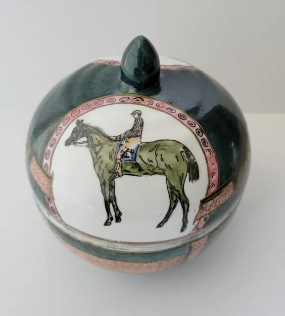 Ceramic Bowl With Dome Lid Horse Racing Motif