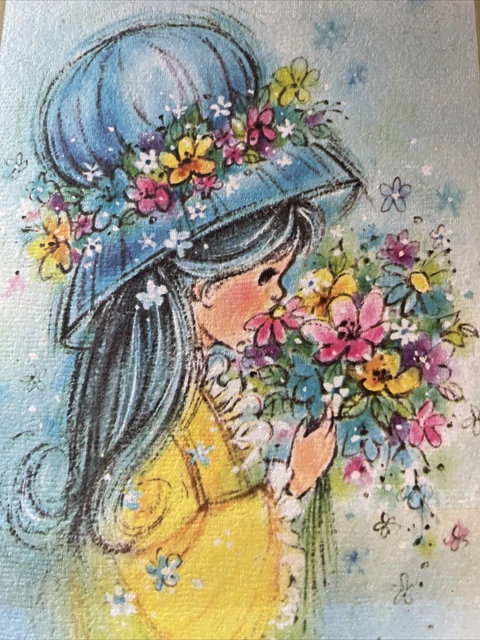 Vintage Mother’s Day Card Rust Craft Mid century Watercolor Girl Stains