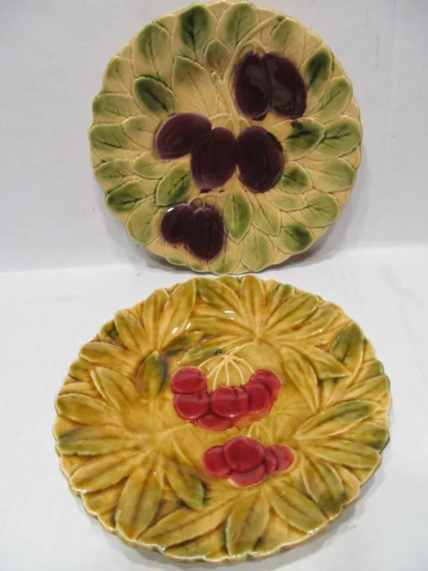 SARREGUEMINES  France Majolica  7.5" Fruit Plates Pair No chips 1920s