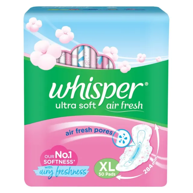 Almohadillas sanitarias ultra suaves para mujer Whisper, paquete grande de 50 servilletas X