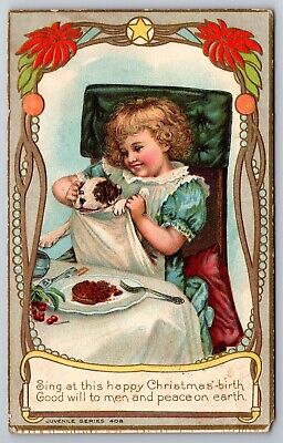 Little Girl & Puppy Dinner Table Juvenile Series Sing Christmas Postcard