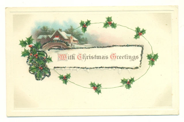Postcard With Christmas Greetings Glitter Winter Scene VTG VPC02.