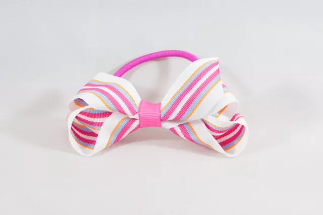 Unit of 10 Medium 3 Inch Pink/White Stripe Hair Bows on elastics Grosgrain