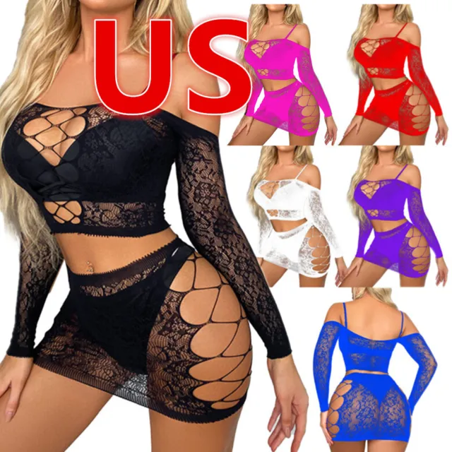 US Women's Lingerie Fishnet Shiny Crop Top with Bodycon Skirts Rhinestone Outfit