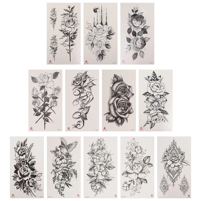 12 Pcs Schwarzer Blumenaufkleber Tattoo-Aufkleber Tempory Tattoos Fein