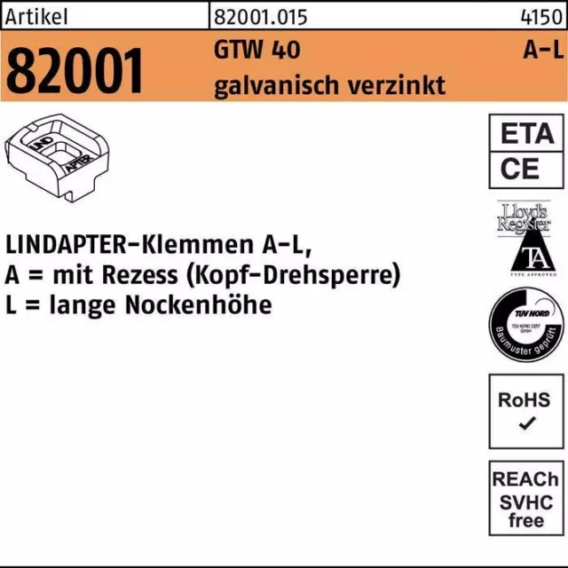 Lindapter Klemmen R 82001 GTW 40 LM 10 / 7,0 galvanisch verzinkt