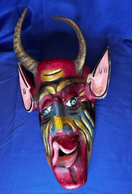 Vintage Carved Wood Paint Mexican Carnival Mask Devil Goat Horns El Diablo READ!