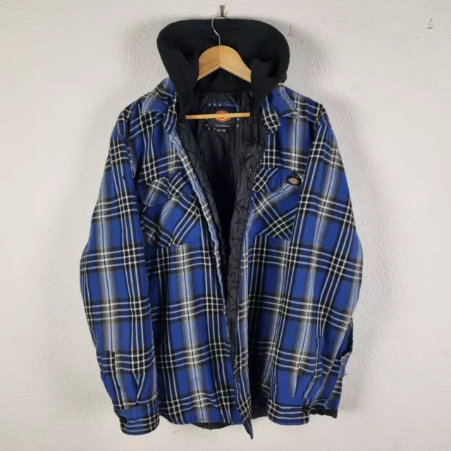 Dickies Flannel Jacket Mens XL Blue Check Shacket Quilt Lined Hooded Overshirt