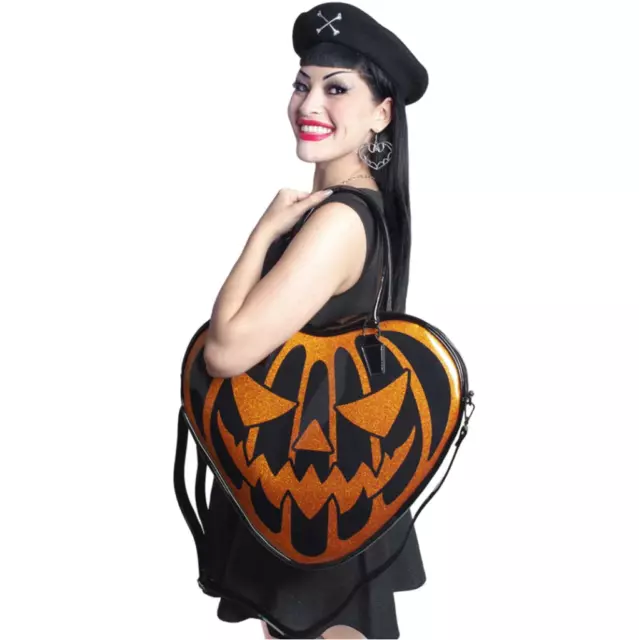Kreepsville 666 Black Pumpkin Glitter Heart Purse Bag Handles & Strap NWT Goth