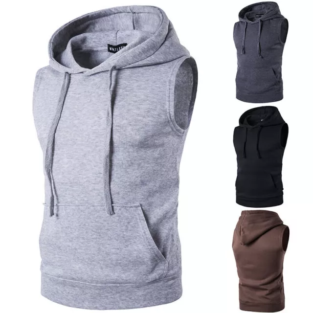 Mens Sleeveless Hoodie Hooded Vest Fitness Gym Sports Sweatshirt Tee Tank Tops