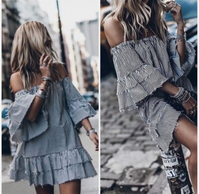 Zara Woman Striped Off Shoulder Mini Dress Size  M