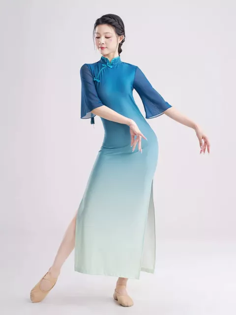 Gradual classical dance attire, high necked long sleeved blue Hanfu