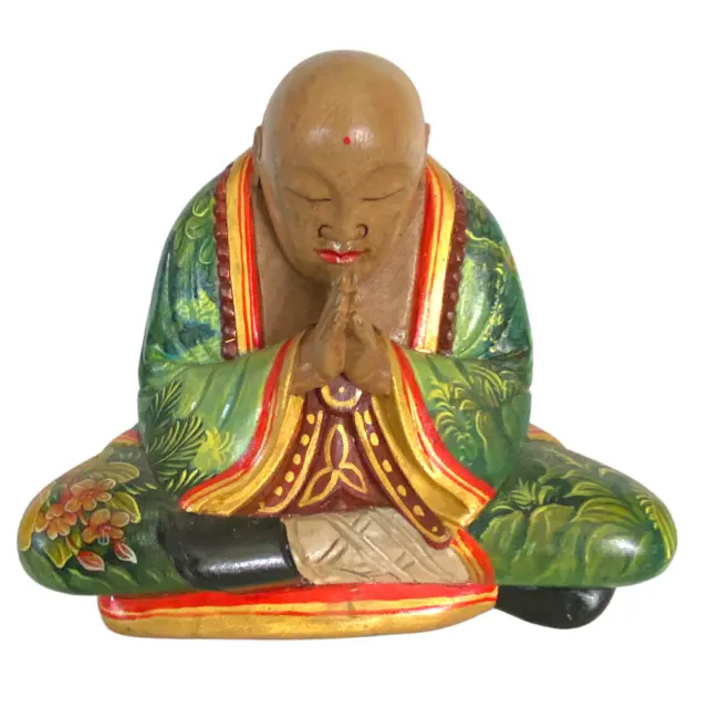 Namaste Zen Buddha Meditating Statue Painted Carved Wood Sculpture Balinese Art 2