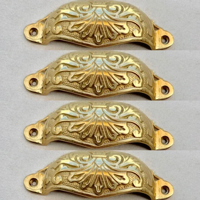 4 engraved cast shell shape pulls handles brass watson 3050 POLISHED 10cm B