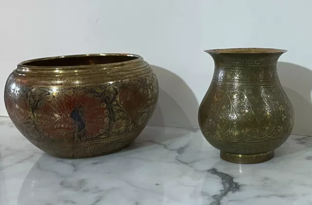 Two Vintage Indian Moradabed Items - Vase And Bowl  - From Museum Collection