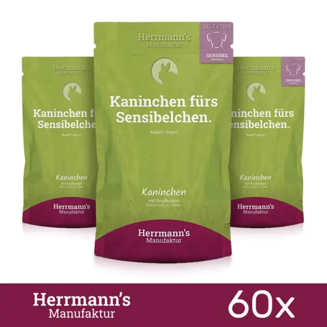 60 x Herrmanns comida para perros con conejos, copos de arroz MHD enero 150 gr 2024