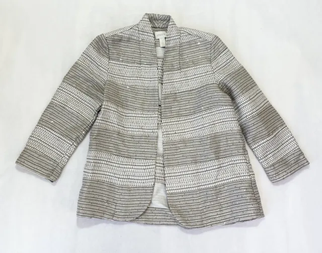 Chico’s Sequin Metallic Striped Beige Open Cotton Rayon Blend Jacket Ch 1