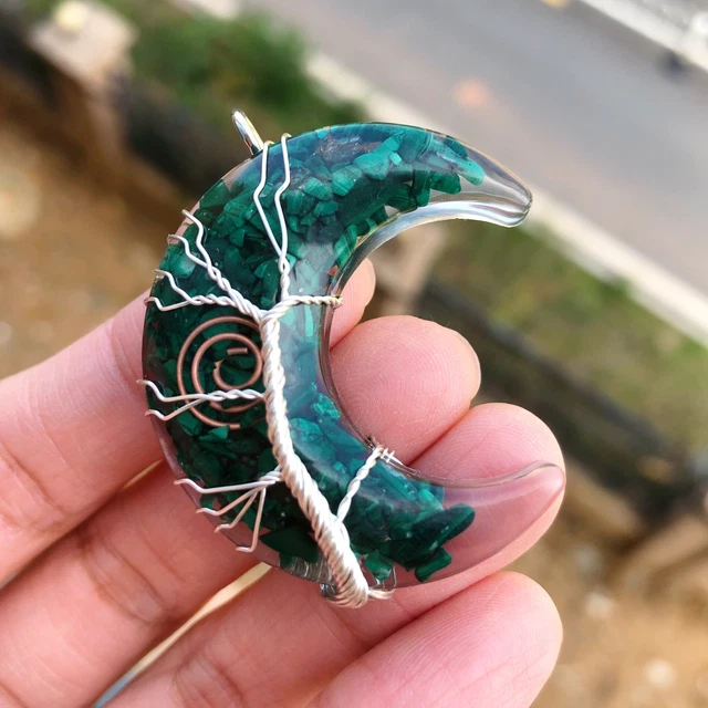 Yoga Malachite Stone Tree Of Life Moon Pendant Energy Reiki Healing Amulet
