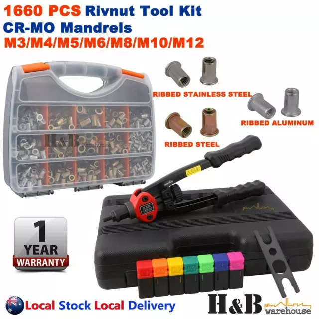 Heavy Duty 1660pcs Nutsert Tool Kit Rivnut Riveter Rivet Nut Gun M3-12 Mandrels