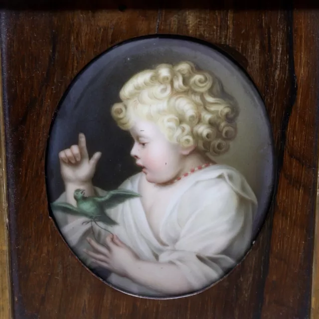 Antique 19th century KPM Style Hand Painted Porcelain Plaque, Child With Parrot.