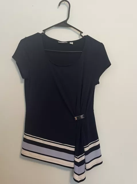 New York & Company Stretch Small Womens Shirt Top Blue white stripes Faux Wrap