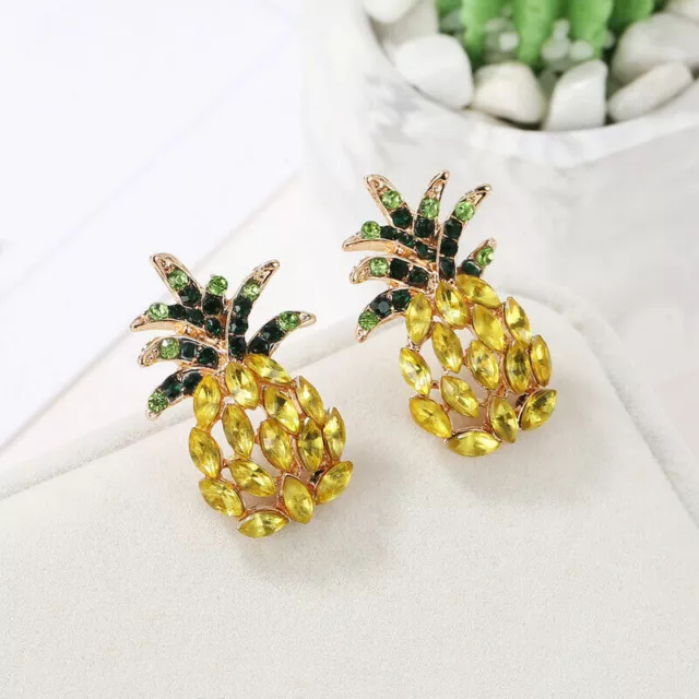 Pineapple Stud Earrings Yellow Green Sparkling Rhinestone Crystal Welcome NEW