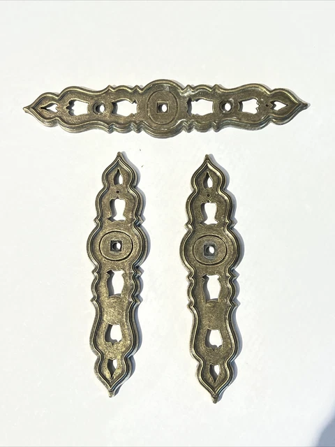 Vintage Escutcheon Plates Cupboard Handle Antique Brass 2 Sizes Set Of 3 USA
