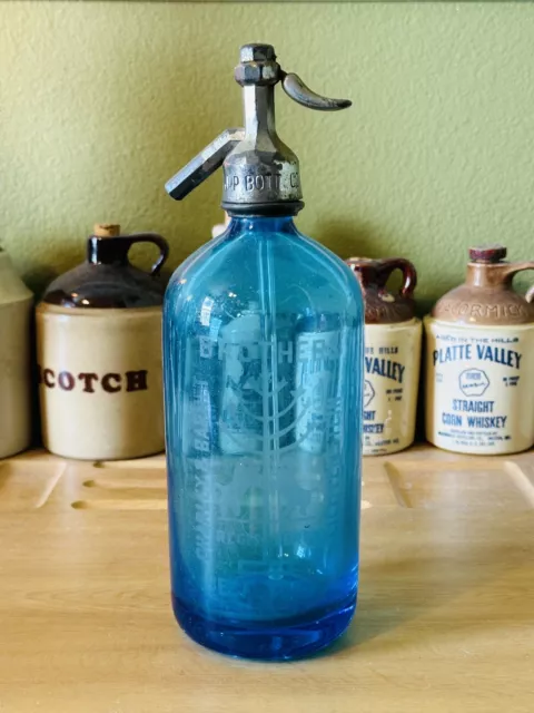 Vintage Blue Glass Seltzer Bottle Made In Czechoslovakia