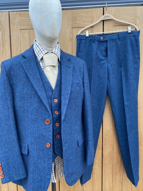Men's BLUE TWEED WOOL Tailored Fit Country TWEED Wool 3 piece SUIT 40' W34 L30