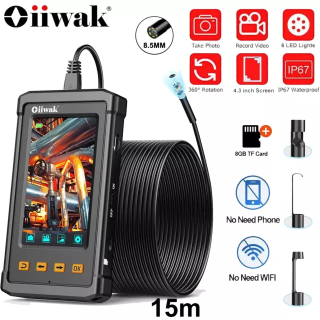 OIIWAK 4.3'' 1080P HD IPS Screen 15M Industrial Endoscope Camera 8.5MM Borescope