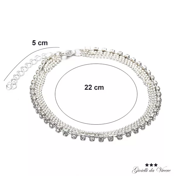 CAVIGLIERA ARGENTO A 4 FILI CATENINE STRASS MARE BRACCIALE REGOLABILE qv