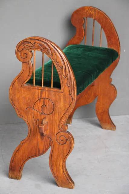 Antique Irish carved solid oak Celtic Harp stool window seat emerald green 1890