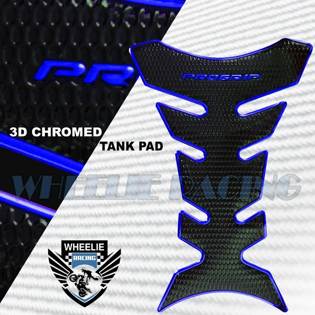 3D Fuel/Gas Tank Pad Protector Decal Pro Grip Perforated Gloss Black+Chrome Blue