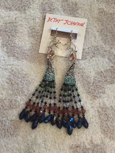 Betsey Johnson Peacock Beaded Rhinestone Crystal Long Drop Earrings NEW 🦚