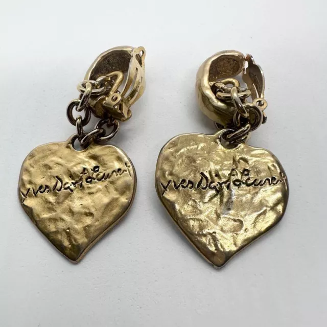 YVES SAINT LAURENT YSL Earrings AUTH Logo Mark Vintage Heart Swing Gold ...