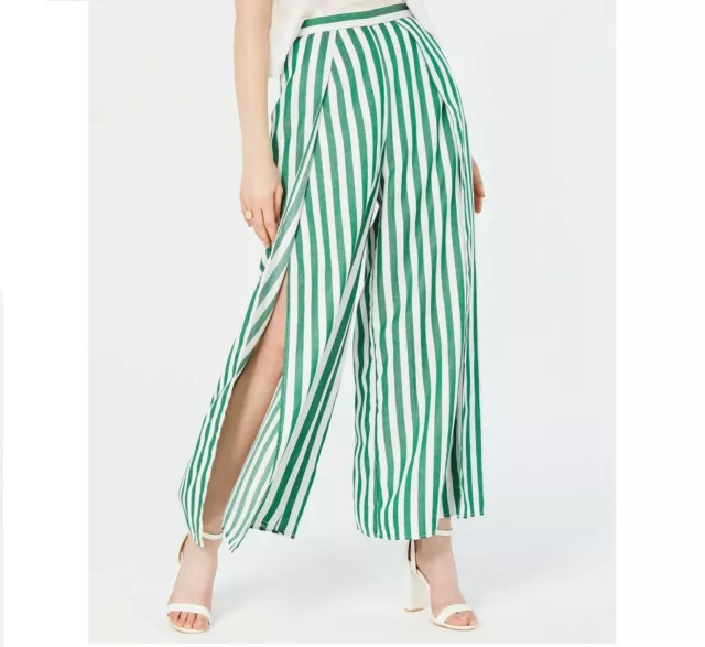 Lucy Paris Women XS White Green Indie Stripe Wrap Detail Wide Slit Leg Pants NWT