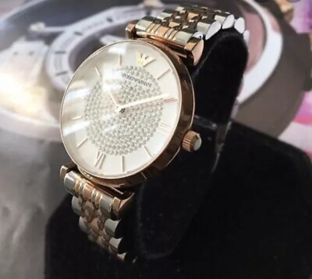 BRAND NEW Emporio Armani AR1926 Two Tone Rosegold Crystal Pave Dial Women Watch.