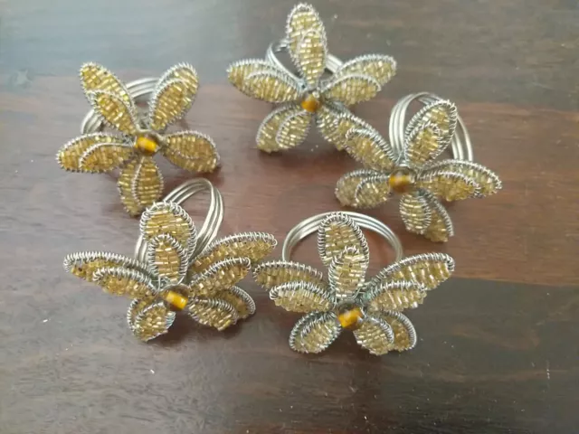 Vintage Serviette Rings /Napkin Holders Hand Beaded Flowers X 5