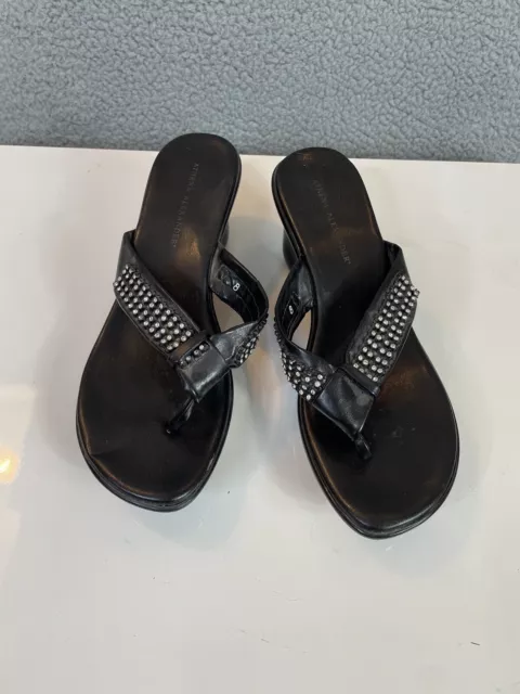 Athena Alexander Black Wedge Slide Thong Toe Sandals 8 Rhinestones