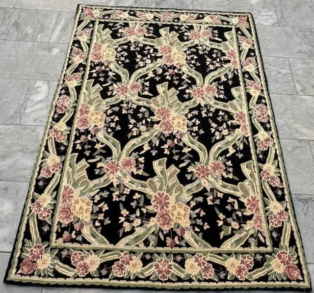 Vintage Handmade Aubusson Rug French Style Chain Stitch Needlepoint Rug 4x5 ft