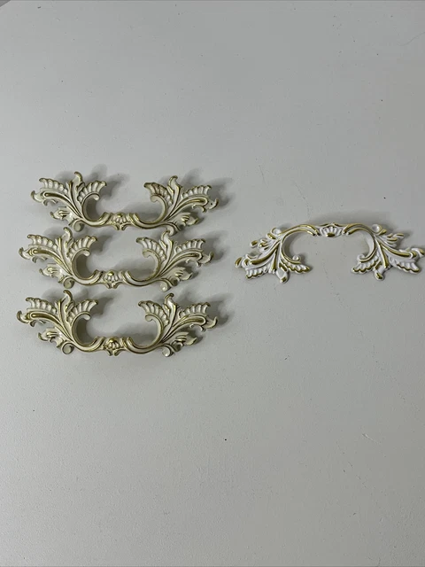 Vtg Ornate Drawer Pulls Set  4 French Provincial 3" Center 5.25" long White Gold