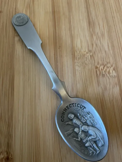 1976 Franklin Mint Pilgrims Farmer CONNECTICUT Colony Pewter Souvenir Spoon 6.5"
