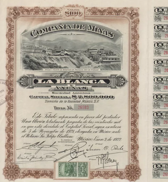 MEXICO LA BLANCA MINING COMPANY BOND stock certificate 1922 W/COUPONS