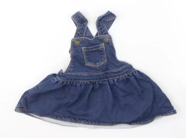 NEXT Girls Blue Cotton Pinafore/Dungaree Dress Size 3-6 Months Square Neck Butto