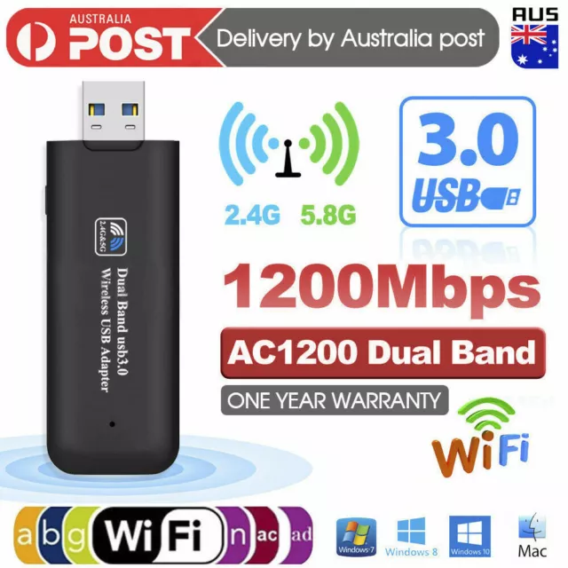 USB 3.0 AC1200 Wireless WiFi Network Receiver Adapter 5GHz Dual Band Dongle